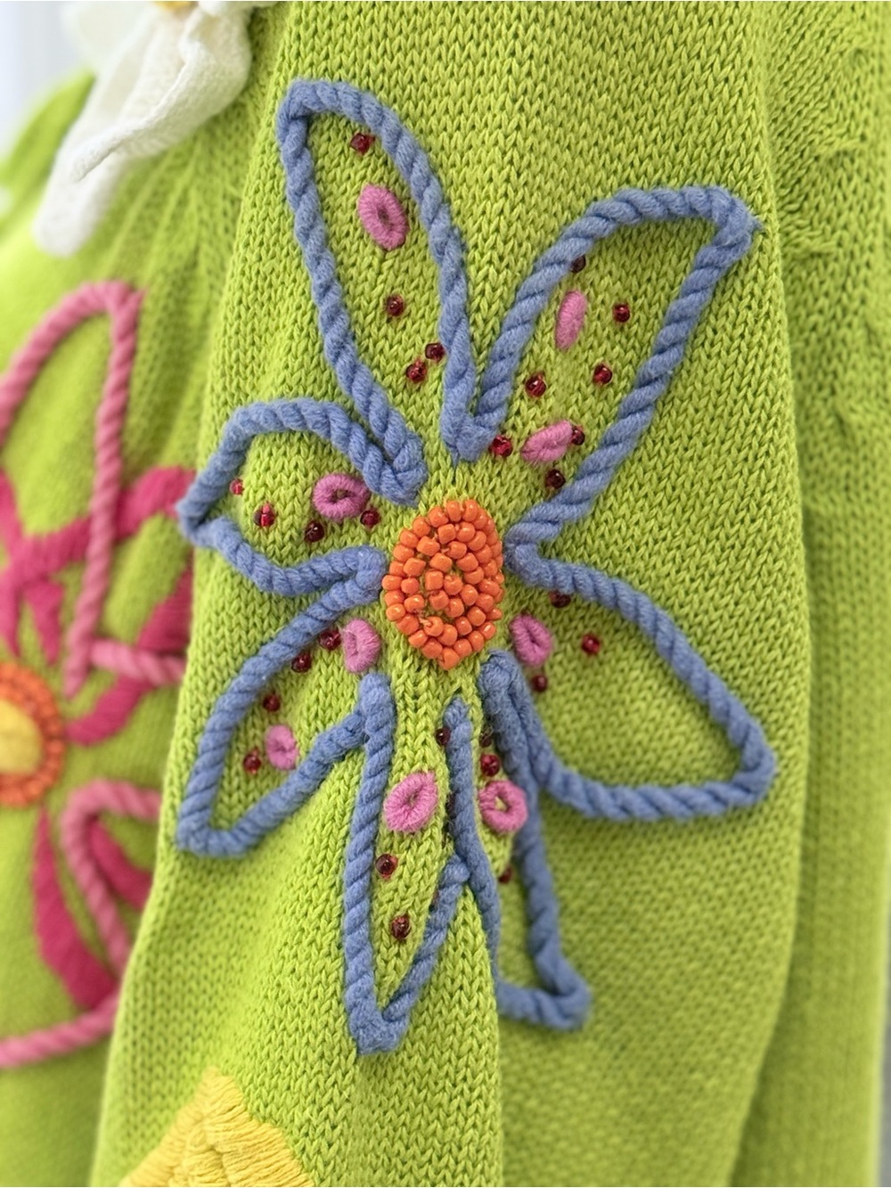 Vintage Cervelle 3D Floral Embroidered Beaded Novelty Cardigan Lime Green M - Picture 6 of 15